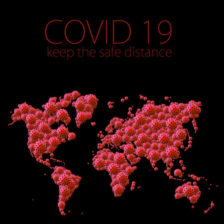 A pandemic of covid corona virus plague that crosses international boundaries, affecting people on a worldwide scale, map of the world made of virus model on black backgroundの写真素材