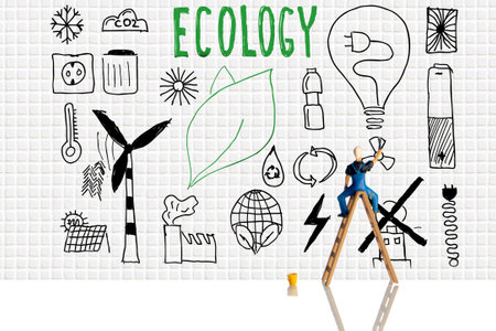 Man standing on a ladder drawing something on a wall full of hand drawn ecology icons
