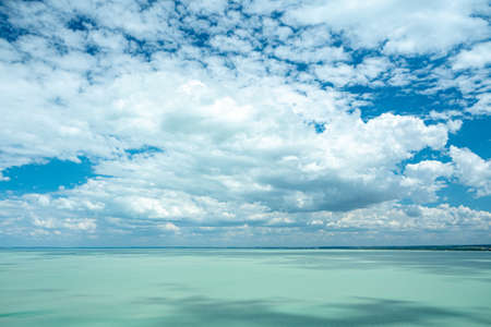 Lake Balaton landscape view from Tihany viewpoint on hot summer day, Hungaryの写真素材