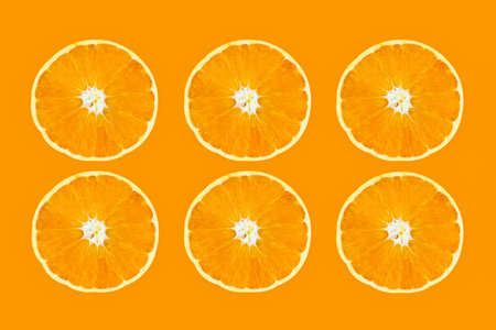 Six slices of oranges on orange background 