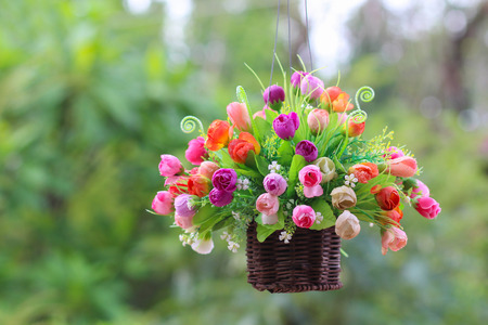 hanging flowers in a vase, hanging on a ropeの写真素材
