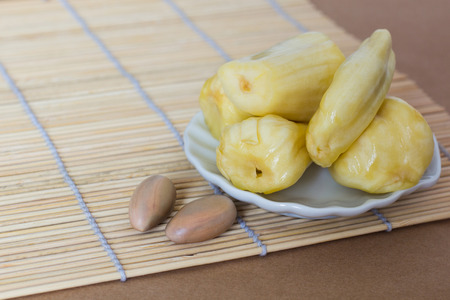 Jackfruit on white plate on tableの写真素材