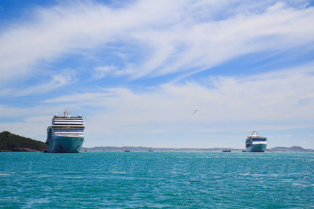 Two Cruise ships on anchorage in harborの写真素材
