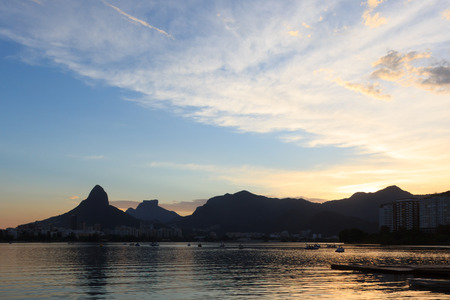 Sunset Lagoon Rodrigo de Freitas  Lagoa , mountain Vidigal, Stone of Gavea, Rio de Janeiro, Brazilの写真素材