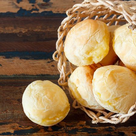 Brazilian snack cheese bread  pao de queijo  in wicker basket の写真素材