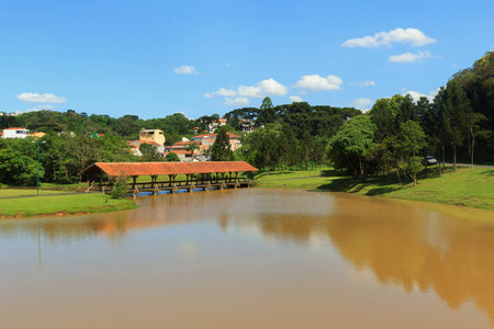 Tingui park, lake, bridge, road, Curitiba, state Parana, Brazilのeditorial素材