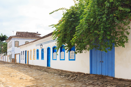 Street, old portuguese colonial houses in historic downtown of Paraty, State Rio de Janeiro, Brazil. Selective focusの写真素材