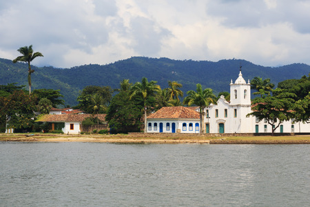 Curch Igreja de Nossa Senhora das Dores in Paraty in rainy day with clouds, state Rio de Janeiro, Brazil. Selective focusの写真素材