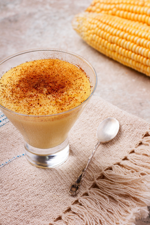 Brazilian sweet custard-like dessert curau de milho mousse of corn with cinnamon. Selective focusの写真素材