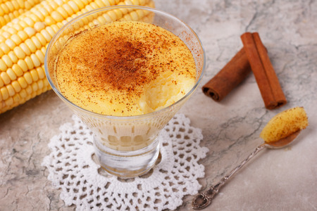 Brazilian sweet custard-like dessert curau de milho mousse of corn with cinnamon. Selective focusの写真素材