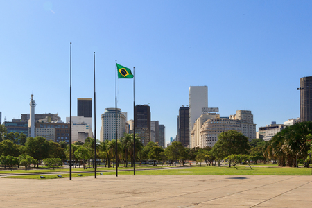 RIO DE JANEIRO - March 21: Flag of Brazil with view of City center and Gloria district on background on March 21, 2016 in Rio de Janeiroのeditorial素材