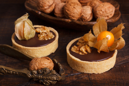 Chocolate tarts with walnut and  physalis on wooden rustic background. Selective focusの写真素材