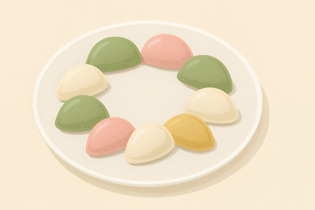 Enjoy colorful songpyeon Korean rice cakes arranged on a plate for a delightful celebration feastの素材