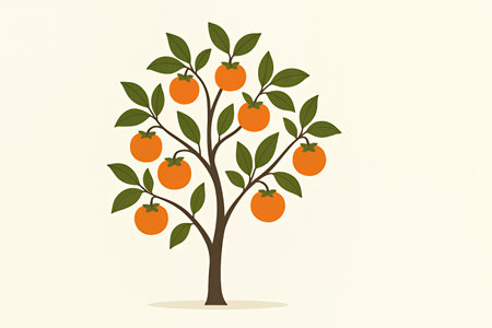 Delightful persimmon tree artwork with vibrant fruit and lush leaves for autumn designs and nature themesの素材