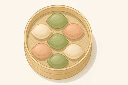 Delicious colorful dumplings steaming in bamboo basket, perfect for Asian cuisine restaurant promotionsの素材