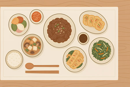 Enjoy Korean cuisine with tasty side dishes, chopsticks, and a spoon for a delicious dining experienceの素材