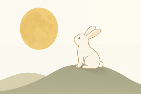 Mid-Autumn Festival celebration with cute rabbit gazing at the vibrant full moon on a peaceful nightの素材