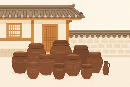 Traditional Korean house with kimchi jars, a vintage style backdrop for cultural projects, art and food visualsの素材