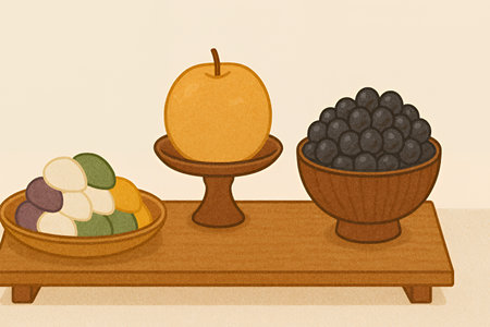 Celebrate traditional Korean harvest with delicious songpyeon rice cakes and fresh fruit offeringの素材