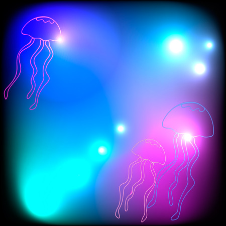 Neon jellyfish on abstract sea background with bokeh lightsのイラスト素材