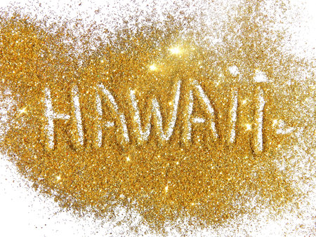Inscription Hawaii on golden glitter sparkle on white backgroundの写真素材