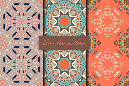 Set of three seamless pattern with mandalas in beautiful colors. Vector backgroundのイラスト素材