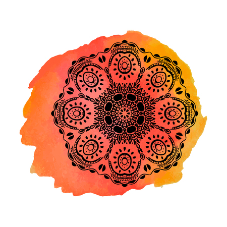Mandala on the orange watercolor stain. Vector ornament, round decorative element for your designのイラスト素材