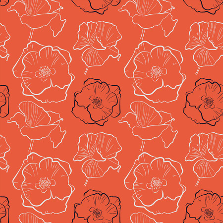 Hand drawn white and dark blue contours of poppies on red background, vector illustration, seamless patternのイラスト素材