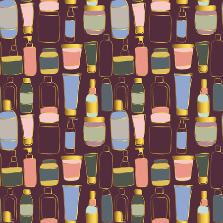 Seamless pattern with different jars, bottles and containers with cosmetics. Vector illustrationのイラスト素材