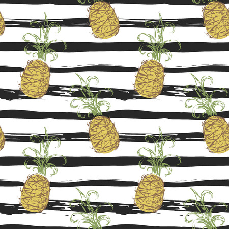 Seamless pattern with pineapples on striped black and white grunge background. Vector illustrationのイラスト素材