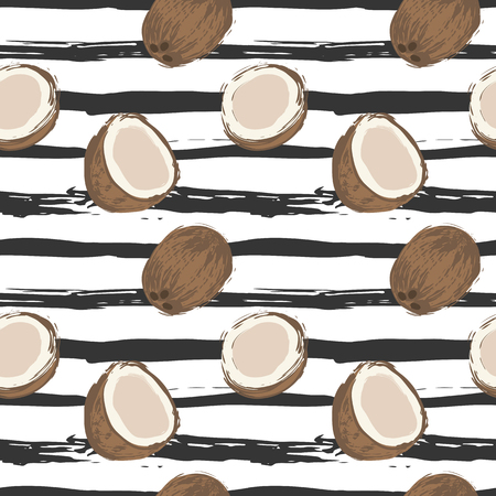 Seamless pattern with coconuts on striped grunge background. Vector illustration.のイラスト素材