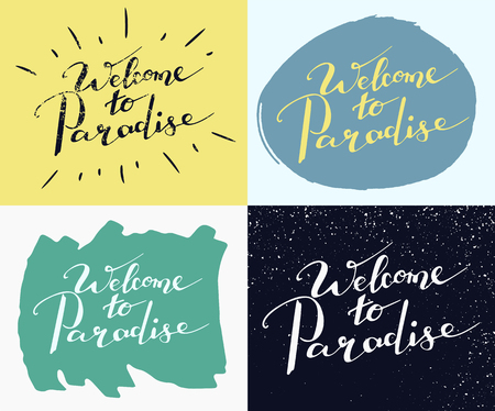 Set with four cards with handwriting words Welcome to Paradise. Calligraphy, letteringのイラスト素材