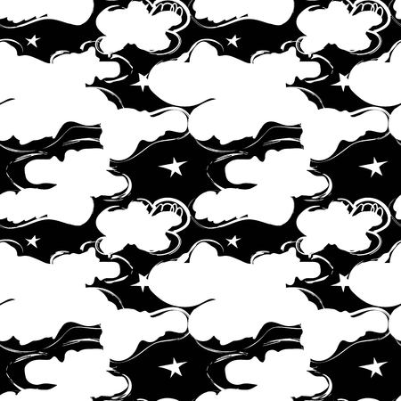 Seamless pattern with stars and clouds in black and white colors. Night sky in grungy styleのイラスト素材