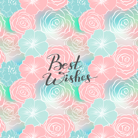 Seamless pattern with colorful flowers and hand lettering. Best Wishes. Can be used as greeting cardのイラスト素材