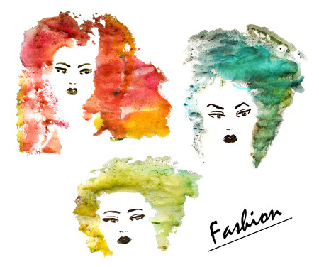 Three hand drawn fashion women with watercolor stylized hairの写真素材