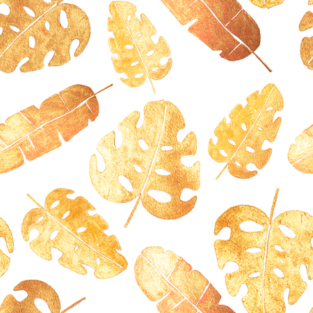 Seamless pattern with pearl golden tropical leaves on white background. Watercolor paintingの写真素材