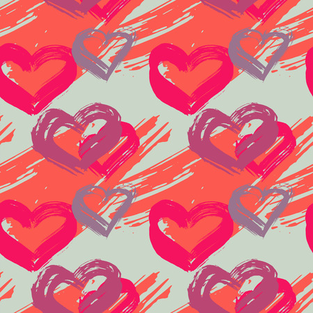 Seamless pattern with bright hand-drawn hearts and brush strokes in grunge styleのイラスト素材