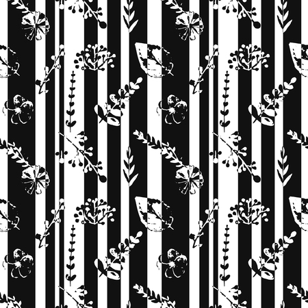 Seamless pattern with abstract stripes, flowers, plants in black and white colorsのイラスト素材