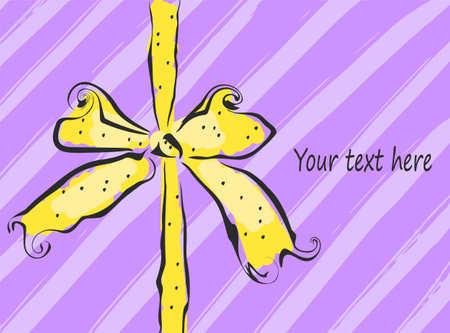 Yellow cute ribbon bow on striped purple background.のイラスト素材