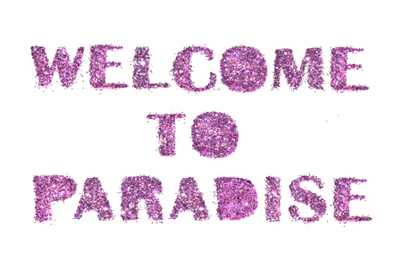 Welcome to Paradise, letters of purple glitter isolated on white backgroundの写真素材