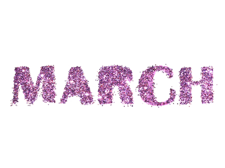 March, name of the spring month of purple glitter isolated on white backgroundの写真素材