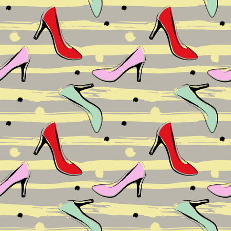 Seamless pattern with female high heel shoes on a striped and dotted backgroundのイラスト素材