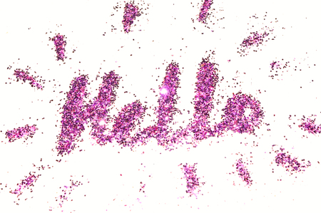 Word Hello of purple glitter sparkle on white backgroundの写真素材