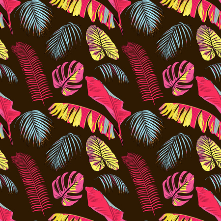 Colorful seamless pattern with tropical palm leaves in modern bright colorsのイラスト素材