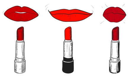 Vector set of lips and lips on white background. Illustration in grunge sketch style, fashion and beauty conceptのイラスト素材