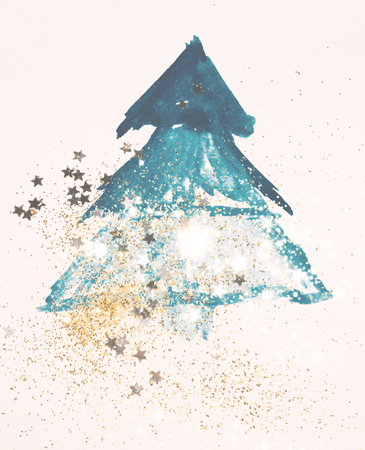Blue watercolor and Christmas tree in vintage colors.の写真素材