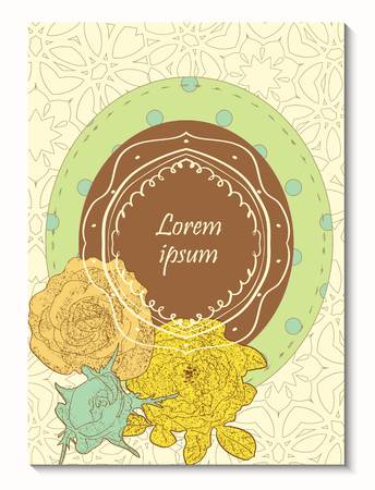 Greeting card with hand drawn flowers, roses and vintage decorative elements. Wedding, invitation, thank you cardのイラスト素材