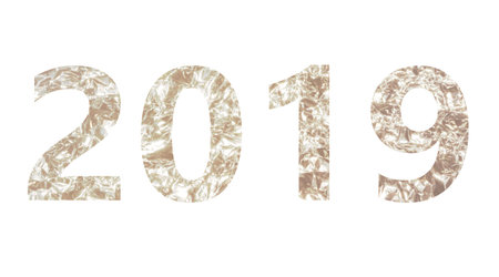 2019, New Year with silver crumpled foil texture isolated on white background