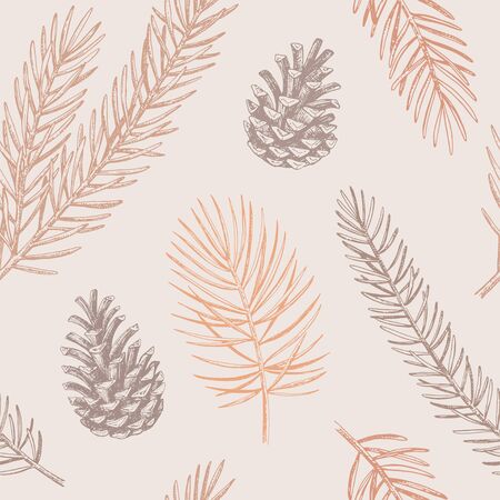 Hand drawn Christmas seamless pattern. Vector background with conifer branches and conesのイラスト素材