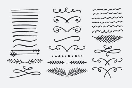Hand drawn dividers set. Collection of vector borders, swirls, flourishesのイラスト素材